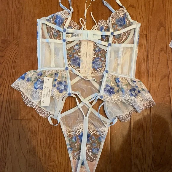 For Love And Lemons Blue and White Floral Lace Bodysuit - Picture 2 of 4
